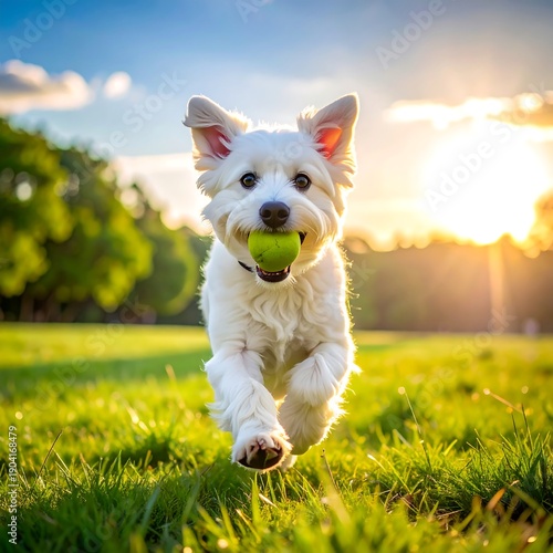 White dog merrily runs on green grass with a tennis ball in its mouth, bathed in bright sunlight