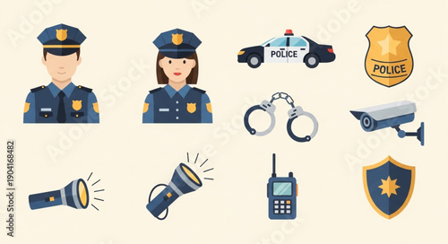 Police Officer Uniforms Car Handcuffs And Equipment Icons.