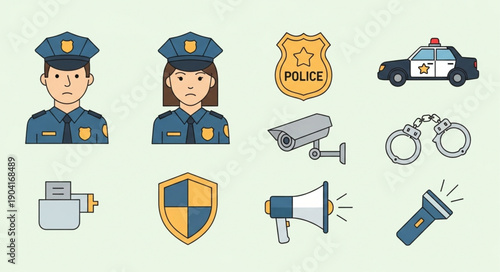 Police Officer Icons Set Featuring Male and Female Officers.