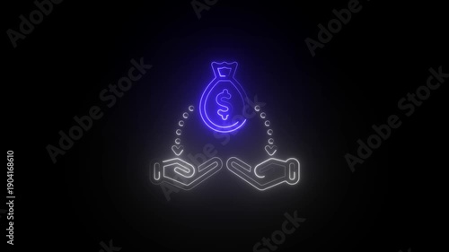 Neon glowing money bag with dollar sign on a black background balanced by two hands with hearts and bubbles symbolizing financial balance and love for money and wealth