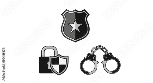 Police Badge Handcuffs and Lock with Shield Icons Representing Law and Order.