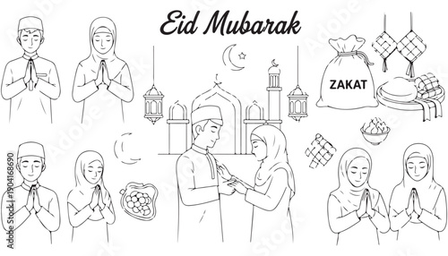 Eid Mubarak Hand-Drawn Muslim Family Celebration Vectors Set