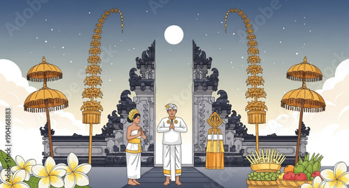 Serene Balinese Temple Landscape with Traditional Meru and Penjor