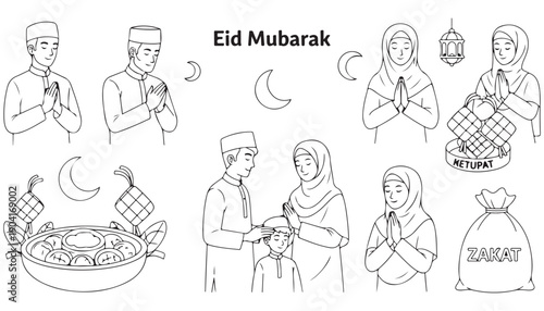 Eid Mubarak Hand-Drawn Muslim Family Celebration Vectors Set