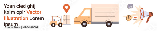 Logistics, delivery, cargo transport, shipping, warehouse services, tracking system. Forklift moving a box, truck and GPS pin. Logistics and delivery concepts are visually