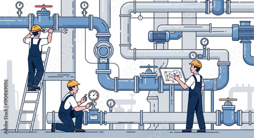 Plumbers working on industrial pipe system maintenance and repair.