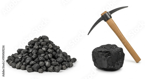 Pile of coal and a pickaxe with a lump of coal.
