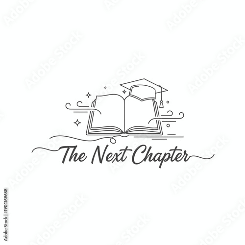 The Next Chapter elegant graduation line art illustration featuring an open book and mortarboard for academic success and new beginnings