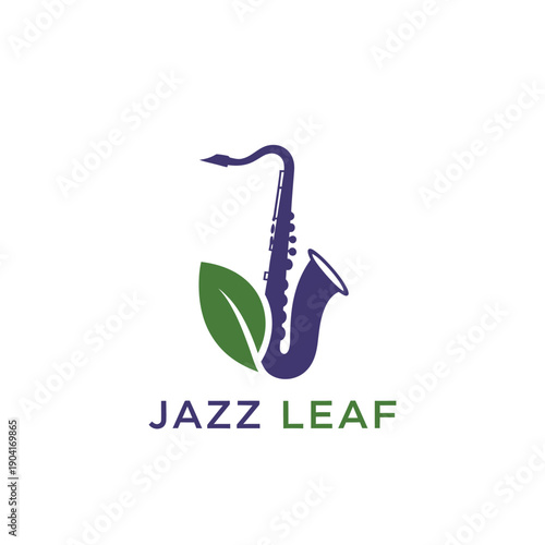 Elegant purple saxophone combined with green leaf logo for music lounge or organic cafe branding identity for JAZZ LEAF