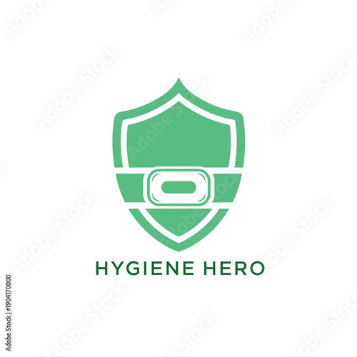 Minimalist green shield logo with soap bar icon for professional commercial cleaning service and sanitizing company hygiene hero