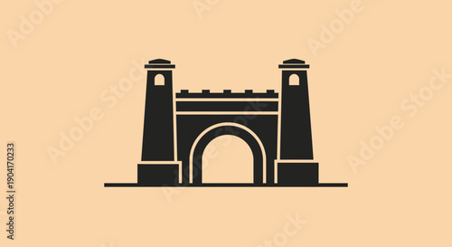 Black Silhouette of an Old Castle Gatehouse with Archway and Towers