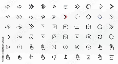Collection of Arrow Icons and Symbols: Direction, Navigation, Click, and UI Elements