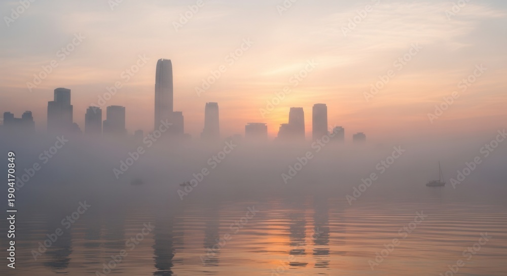Obraz premium A metropolitan skyline partially obscured by thick fog at sunrise or sunset with buildings reflecting on the calm water surface Small boats drift on the water