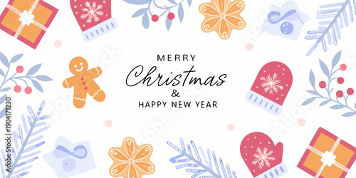 Festive christmas background with gifts gingerbread and holiday decorations