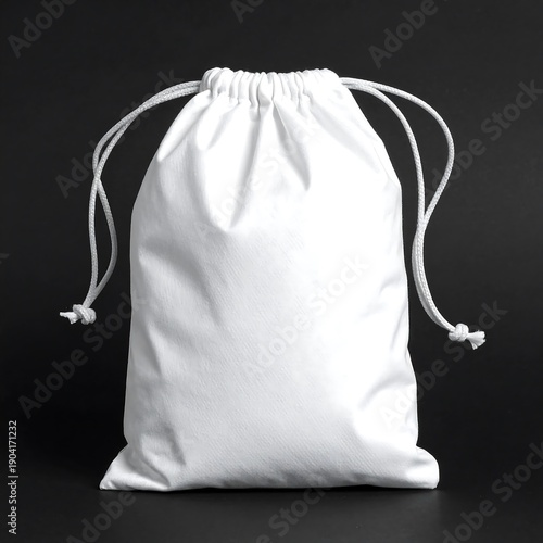 White drawstring bag. Knotted drawstrings cinch the top of the plain, wrinkled cotton pouch against a dark background