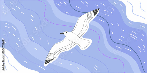 A white seagull gracefully soars through a stylized blue and white sky
