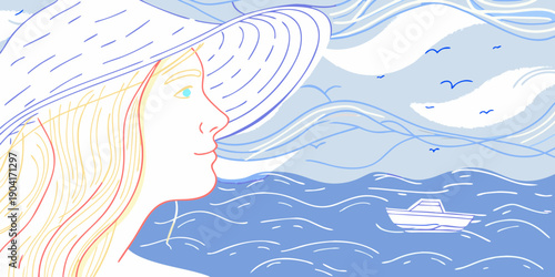 A woman with a large hat gazes at the sea with birds and a boat