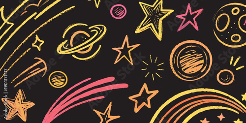 Colorful chalk drawing of planets stars and a rainbow on a black background
