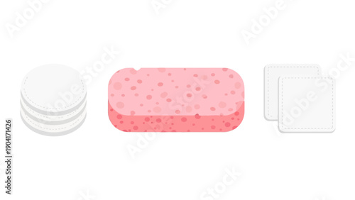 Stack of cotton rounds pink sponge and two square pads on white