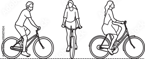 Three cyclists riding bicycles in a simple line drawing style