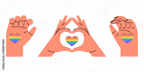 Three hands forming shapes with rainbow pride colors representing love and support