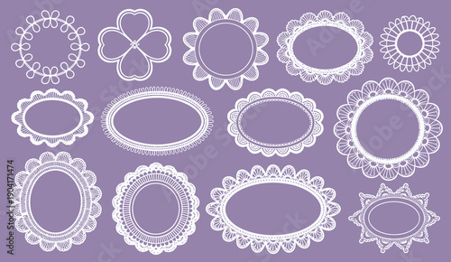 Lace Oval and Circle Border, guipure doilies with delicate floral filigree designed for wedding invitations, bridal stationery, elegant labels, vintage scrapbook frames, and isolated laser cut vector 