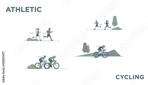 A group of people are running and riding bicycles on various terrains