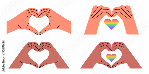 Hands forming heart shapes with rainbow and plain fill illustration style