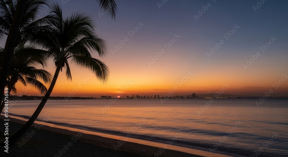 Fototapeta premium A serene coastal sunset with silhouetted palm trees framing a distant city skyline over calm water