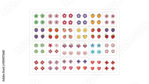 Sticker sheet with multiple rows and columns of small colorful pixelated fruit and flower decals