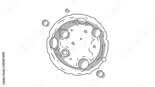 Stylized black and white diagram of a heavily cratered celestial body