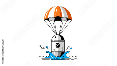 Stylized capsule descending by orange and white parachute into blue water