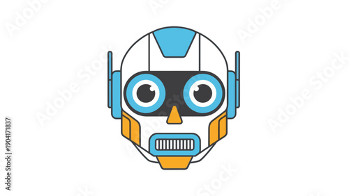 Stylized cartoon robot head illustration in white blue and orange