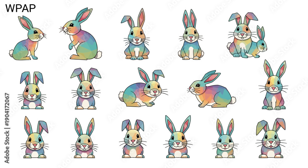 Fototapeta premium Colorful Cartoon Rabbits in Various Poses 1.