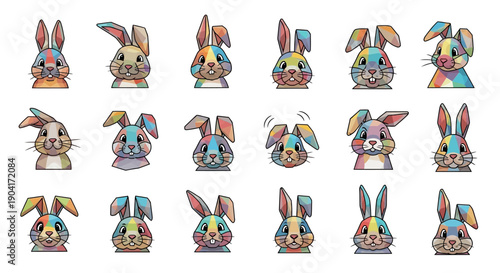 Colorful Cartoon Rabbits with Different Expressions.