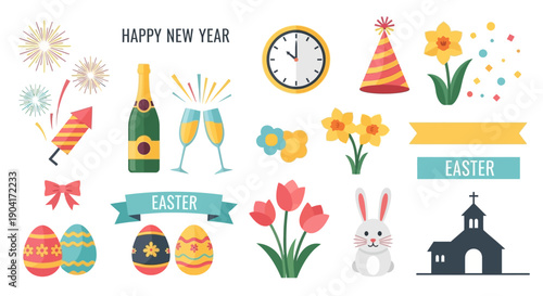 Easter and Spring Holiday Icons Set.
