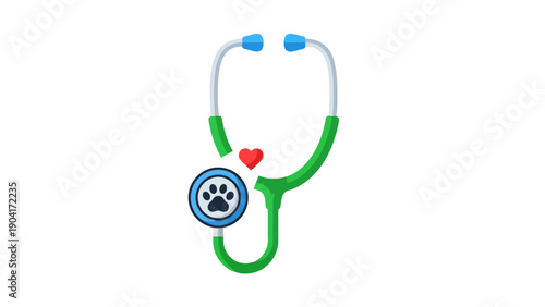 Stylized green stethoscope with a paw print disc and a small red heart