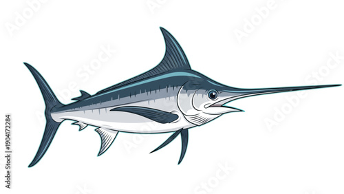 Stylized illustration of a blue and silver marlin swimming to the right