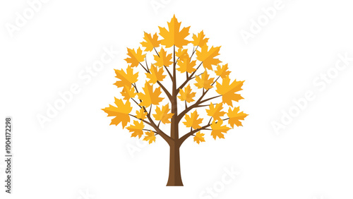 Stylized illustration of a brown tree with bright yellow fivelobed maple leaves on a white background