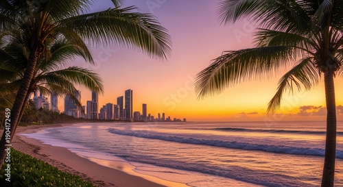 A vibrant sunset hues the sky over a city skyline seen from a sandy beach framed by silhouetted palm trees and gentle ocean waves