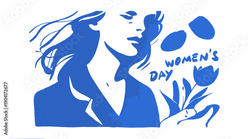 Minimalist blue female silhouette illustration for International Women’s Day empowerment campaigns, presentations, banners, and modern feminist branding