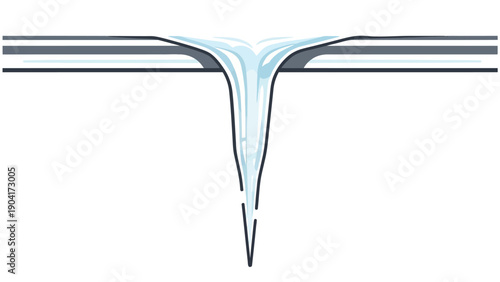 Stylized illustration of water pouring downward from a horizontal pipe or surface