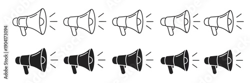 Megaphone Icons Set, modern loudspeaker and electric megaphone symbols illustrating sound amplification, advertising and promotion concepts, public announcements, marketing tools, and clean flat