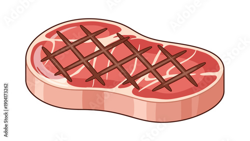 Stylized raw steak with dark brown grill marks on a white background