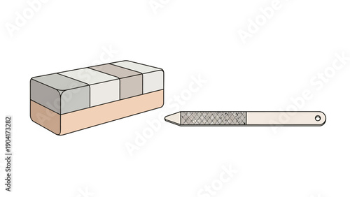 Stylized rendering of a multisided nail buffer block and a nail file tool