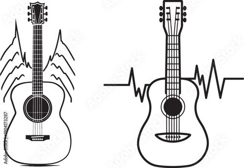 Acoustic guitar with sound waves and heart beat line for music lover and musician illustration