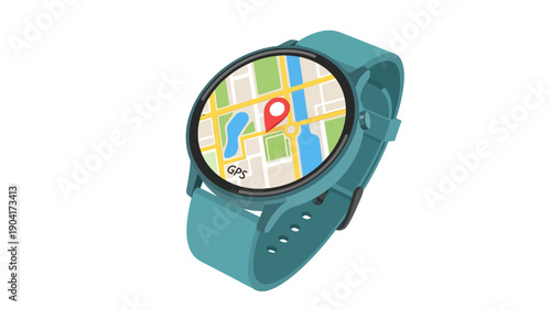 Teal smartwatch displaying a GPS map with a red location pin