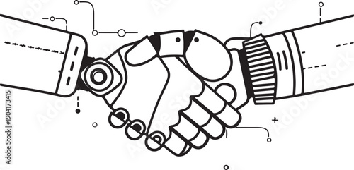 Handshake between human and robotic arm symbolizing future cooperation of people and artificial logic