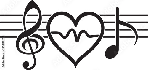 Heartbeat pulse wave inside heart symbol with musical notes on staff representing emotional life song