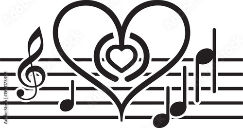 Musical notes with heart shape on staff lines representing love for music and creative sound harmony